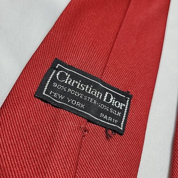 Christian Dior Tie Solid Red Embroidery Logo Designer Skinny Business Vintage - Picture 4 of 7
